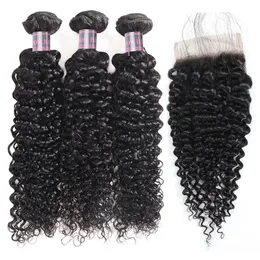 Peruvian Hair Kinky Curly Deep Wave 3 / 4PCs med spetsslutning Brasilianska Yaki Straight Water Wave Indian Human Hair Buntar med stängning