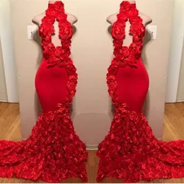 2019 Czerwona Mermaid Prom Dresses High Neck Keyhole Kwiaty Ruffles Rose Evening Suknie Plus Size Party Dress Cooktail Pagewant Suknia