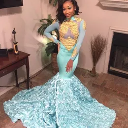 Blaue Meerjungfrau-Abschlussballkleider, goldene Spitze, Applikationen, Stehkragen, lange Ärmel, afrikanische Abendkleider, formelles Partykleid mit 3D-Blumenmuster