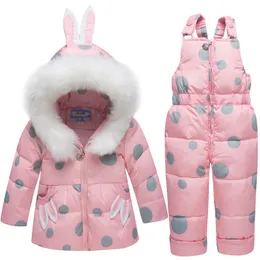 2019 New Russia Winter Children Snowsuit Ski Suit幼児80％ダックダウンジャケット +オーバーオールビブパン