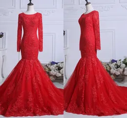 Czerwony z długim rękawem koronki syrenki balu Dorosłych 2020 runda dekolt Zobacz, choć powrót zamiata pociąg suknie wieczorowe party formalna sukienka kobiety