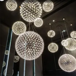현대 창조적 인 불꽃 놀이 LED 펜던트 조명 스테인레스 스틸 큰 공 조명기구 매달려 램프 호텔 홀 장식