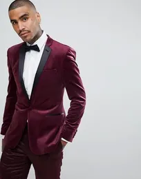 Brand New Back Vent One Button Wine Velvet Groom Tuxedos Notch Lapel Men Suits Wedding/Prom/Dinner Best Man Blazer (Jacket+Pants+Tie) W315