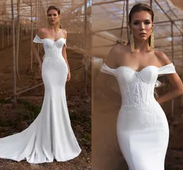 2020 Elegant Soft Satin Vestido de Noiva Lace Mermaid Bride Bröllopsklänning Stor Bow New Bridal Gown med lyxkristall och pärlor