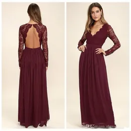 New Dark Red Open Back Chiffon Bridesmaid Dresses Long Sleeves Country Style V-Neck Backless Long Beach Lace Top Wedding Party Gowns