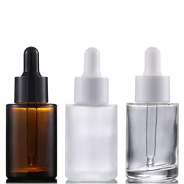 Flat Shoulder Glass Essential Oil Container 1 Ounce Amber Clear Frosted Glass Dropper Bottles 30 ml with Black White Cap LX2231