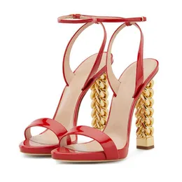 Hot Sale-New Red Patent leather High Strap Runway Shoes Gold Chain Strange Style Heel sandalia Feminina