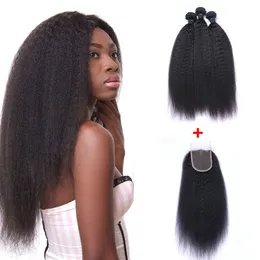Brazilian Kinky Straight Human Virgin Weaves With 4x4 Lace Closure Bleached Knots Natural Black Color Double Wefts Hair Extensions