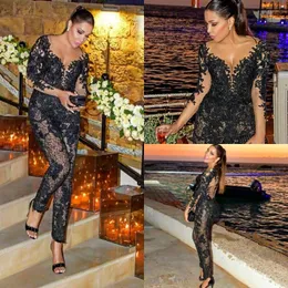 2019 Plus Size Prom Dresses Black Long Sleeve Women Jumpsuits Sheer Lace Applique Beaded Evening Gowns Cocktail Party Dresses Custom Made