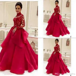 2019 Vintage Red A Line Prom Dress Billiga Långärmad Lace Arabisk Formell Holidays Wear Graduation Evening Party Gown Custom Gjorda Plus Storlek