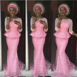 Aso Ebi Syrenki Formalne Suknie Wieczorowe Sheer Neck Peplum Trzy Czwarty Rękawy Koronki Plus Size Prom Dress Nigerian Party Suknie