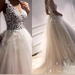 Arabische Spitze-Perlen-Brautkleider, transparenter Ausschnitt, A-Linie, Tüll-Brautkleid, sexy, preiswerte, elegante Brautkleider