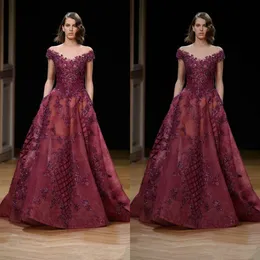 Vintage Burgundy Evening Dresses Lace Crystal 2019 Modest Ziad Nakad Dubai Arabiska Prom Kappor Plus Storlek Elegant Special Occasion Dress