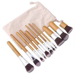 11 stycken bambu handtag makeup pensel stiftelse ögonskugga smink borstar set brocha de maquillaje dhll gratis frakt