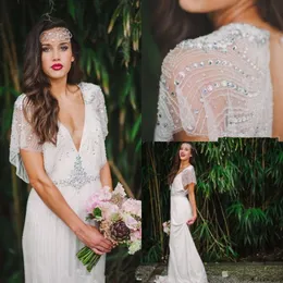 Sexy Bohemian V-neck Crystals Beadings 2020 White Ivory Open Back Wedding Dresses Beach Country Vintage Plus Size Bridal Gowns Custom Size