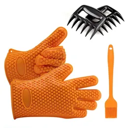 BBQ Tool Set Includes 1 Pair Heat Resistant Silicone BBQ Barbecue Cooking Gloves 2 Meat Shredder Claws 1 Basting Brush