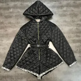 Yeni Tasarım Kadın Hooded Pırlanta Pamuk Pamuklu Yastıklı Tweed Patchwork Uzun Kollu Kanatlar İnce Bel Şort Tulum Oyun Körfezi