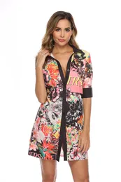 Moda-Lato Lapel Neck Damska Koszula Dresses Moda Krótki Rękaw Kwiatowy Drukuj Seksowne Damskie sukienki z przyciskiem