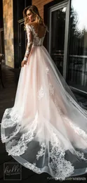 2019 Abiti da sposa eleganti applicati in pizzo con scollo a V A-line Plus Size Abito da sposa Boho Abito da sposa economico su misura a maniche lunghe 22390