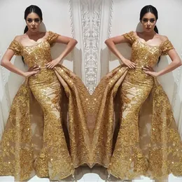 Yousef Aljasmi Evening Dresses Mermaid Prom Klänning Med Guld Sequins Lace Avtagbar Overkirt Sparkly Dubai Arabiska Tillfälle Kappor 2019