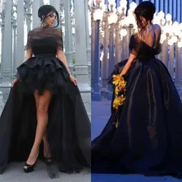 Elegant Hi Low Black Puffy Prom Dresses With Detachable Train Sweetheart Formal Party Dresses Special Cocktail Party Dresses