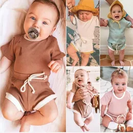 Baby Kläder Kids Artikel Pit Solid Kläder Ställer Pojkar Tjejer Sommar Kortärmad Top Shorts Passar Barn Casual Bomull Kläder D872