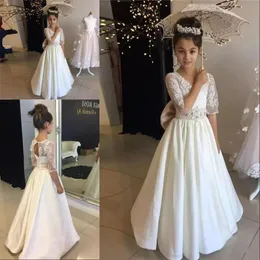 Vintage A-Line Flower Girl Dresses For Wedding Lace Beaded Half Sleeve Lace Up Back Golv Längd 2020 Barn Födelsedag Party Dress