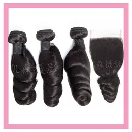 Brazilian Virgin Hair 3 Bundles With 4X4 Loose Wave 4Pieces/lot Hair Extensions Loose Wave Bundles With Lace Closure Natural Color