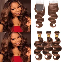 Brazilian Hair #4 Brown Body Wave Human Hair Bundles With 4x4 Free Part Closure,8A Real Virgin Hair Bundles with Lace Closure
