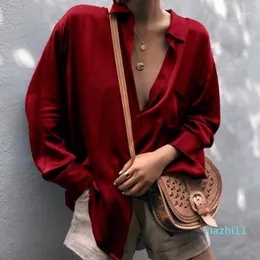 fashion-Women Deep V-neck Soft Satin Loose Shirts Fashion Female Blouse Tops Lady Girls Casual Long Sleeve Office Ladies Shirt Chic Top1