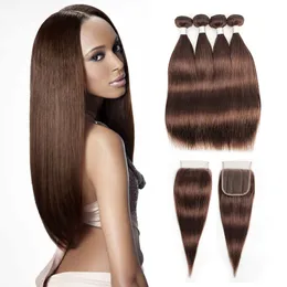#4 Chocolate Brown Human Hair Bundles With Closure Brazilian Straight Hair 3/4 Bundles with 4*4 Lace Closure Remy Human Hair extensions