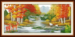 Sika Deer Crane River Forest Decor Malarstwo, Handmade Cross Stitch Hafty Robótki Zestawy Liczba druku na płótnie DMC 14CT / 11CT