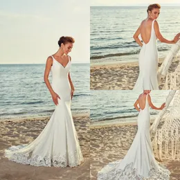 Eddy K 2019 Satin Bröllopsklänningar Lace Appliqued V Neck Backless Bridal Gowns Mermaid Trumpet Country Boho Beach Bröllopsklänning