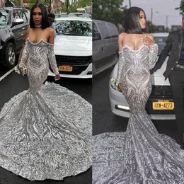 Iskrzący srebrne cekiny aplikacja wieczorowa sukienki odblaskowe 2020 afrykańskie czarne dziewczyny z długim rękawem syrenki katedry pociąg suknia