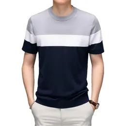 Hit Color Knitting Tshirt Hot Mens Short Sleeve Summer Fashion Casual Round Neck Loose Tops Middle-aged Thin Mulberry Silk Clothing