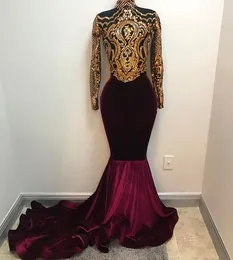 Real Photos 2020 African Gold and Burgundy Mermaid Prom Dresses High Neck Long Sleeves Velvet Evening Dress Arabic Party Gowns
