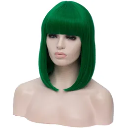 14 polegadas sintéticas cabelo reto curto bob perucas bangs azul dourado vermelho preto branco roxo verde marrom verde cosplay peruca feminina