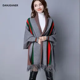 Danjeaner Winter Cashmere Tassel Wraps Classic England Style Striped Knitted Sweaters Women Batwing Sleeve Streetwear Cardigans LY191217