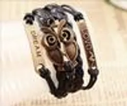 Partihandel - Kärlek Brons Söt Owl Dream Charm Wax Cords Läder Flätad Manschett Armband Wrap Bangle Armband Smycken för Kvinnor Män HY1000