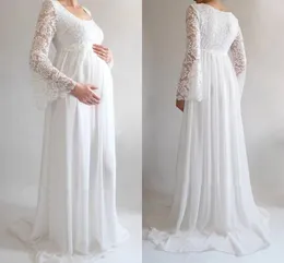 Empire Beautiful Lace Maternity Wedding Dresses Flare Sleeves Scoop Neckline Pregnant Bridal Gowns High Waist Chiffon Vestidos AL