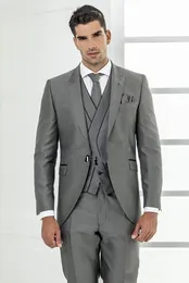 New Design One Button Gray Wedding Groom Tuxedos Peak Lapel Groomsmen Mens Dinner Blazer Suits (Jacket+Pants+Vest+Tie) 475