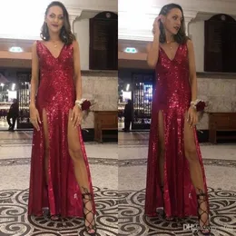 Sexy Дешевые Простой Burgundy Sequined Пром платья V шеи со стороны высокого Разделить Длина пола вечернее платье вечерние платья vestidos де фиеста