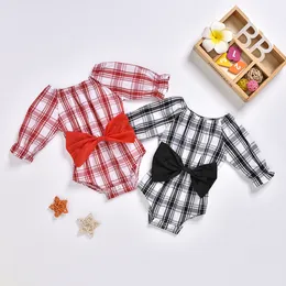 Baby Plaid Big Bow Rompers Girls Puff Sleeve Spädbarn Lattice Jumpsuits 2020 Barn Mode Boutique Kids Climbing Kläder M1064