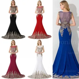 Mermaid Prom Dresses Beaded Long Evening Gowns Sheer Neck Gold Embroidery Formal Occasion Dresses Cheap CPS235