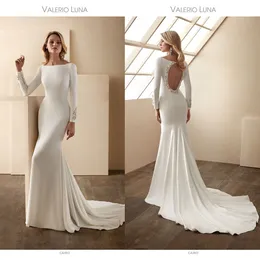 Valerio Luna Satin Mermaid Dresses Bateau Long Sleeve Lace Appliques Bridal Gowns Sweep Train Beach Wedding Dress