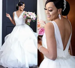 2020 Plus Size Ruffles Dresses V Neck Backless Covered Buttons Beaded Waist Pearls Crystal Organza Pleat Ruched Country Wedding Gown