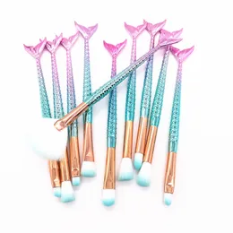 10PCS Mermaid Makeup Brushes Set Foundation Blending Powder Eyeshadow Contour Concealer Blush Cosmetic Tool Free Ship