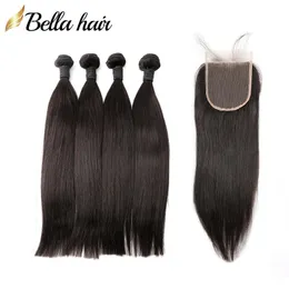Cabeça completa Pacotes de cabelo da Malásia com fechamento 4 pc + 1 pc Parte livre Lace Fechamento 4x4 cor natural Virgin Hairweves sedoso Bellahair