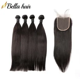 Full Head Malaysiska Hårbuntar med stängning 4PC + 1PC Gratis Part Lace Closure 4x4 Naturfärg Virgin Hairweaves Silky Straight Bellahair