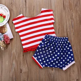 Independence Day Hot Style Children's Suit 2020 Ny Striped Fringe Ärmlös Skjorta + Star Shorts Two-Pistass